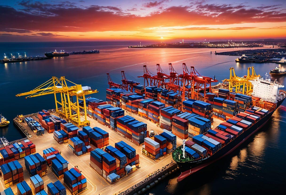 A bustling shipping port at sunset, with advanced cargo ships and drones tracking shipments in the air. Overlay graphical interfaces displaying shipment data, routes, and analytics. Diverse workers using tablets and AR glasses to manage logistics. futuristic elements, high-tech gadgets, vibrant colors, detailed textures. super-realistic, vibrant colors, 3D.