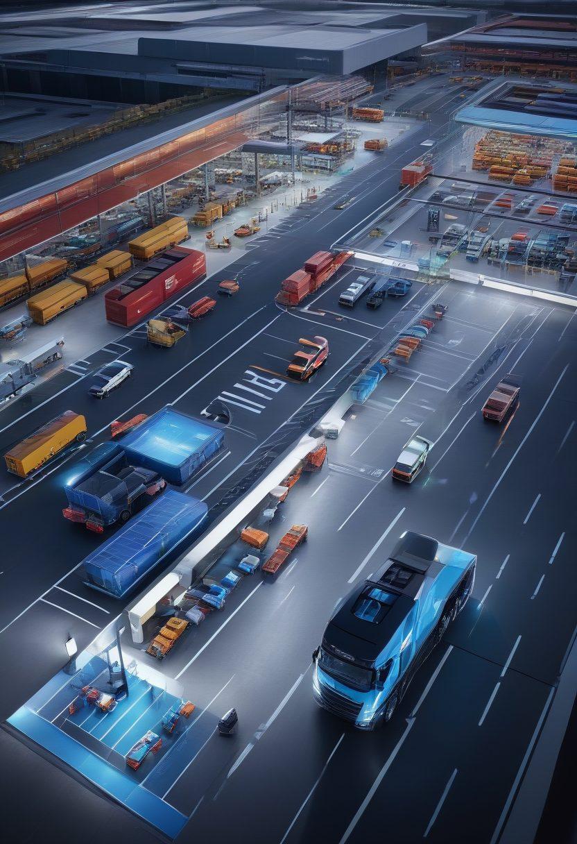 A futuristic logistics control center with large digital screens displaying real-time data and routes. Autonomous drones and electric trucks navigating through modern highways and smart warehouses. Technicians and managers using tablets and AR glasses to optimize operations. futuristic. vibrant colors. high-tech. super-realistic.