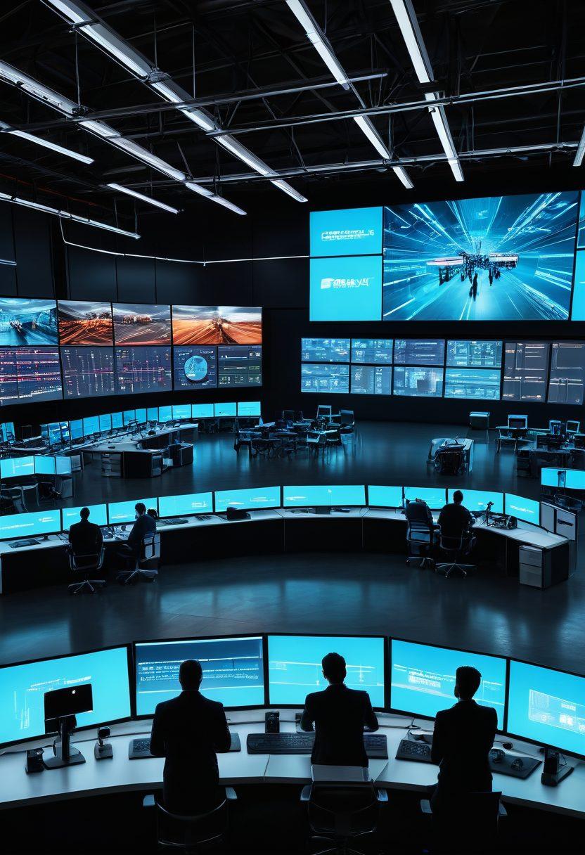 A futuristic logistics control room with advanced digital screens displaying real-time shipment tracking data, automated drones, and trucks being efficiently loaded and unloaded at a modern warehouse. Integrate a diverse team of professionals using tablets and smart glasses for enhanced interaction. super-realistic. vibrant colors. high-tech ambiance. 
